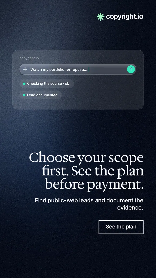 Instagram story for copyright.io: "Choose your scope first. See the plan before payment." Dark deco style, right layout, dark palette in blue, black, grey.