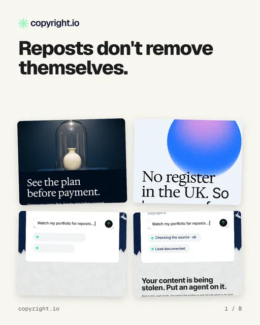 Carousel for copyright.io: "Reposts don't remove themselves.". Collection carousel, 8 slides, light palette.