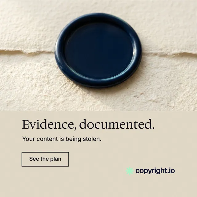 Instagram post for copyright.io: "Evidence, documented." Editorial style, bottom layout, light palette in orange, yellow, black.