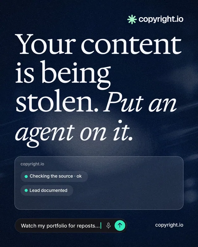 Instagram portrait post for copyright.io: "Your content is being stolen. Put an agent on it." Thermal style, poster layout, dark palette in blue, black, grey.