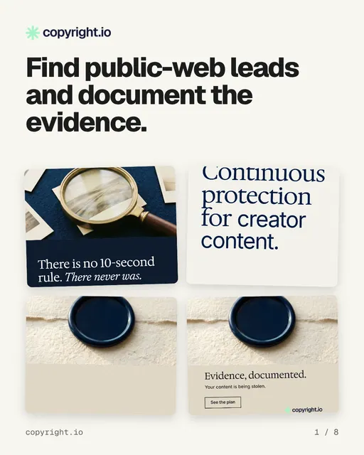 Carousel for copyright.io: "Find public-web leads and document the evidence.". Collection carousel, 8 slides, light palette.