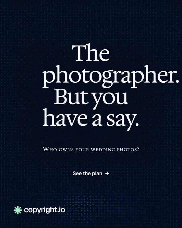 Instagram portrait post for copyright.io: "The photographer. But you have a say." Swiss style, smallcaps layout, dark palette in black, grey.