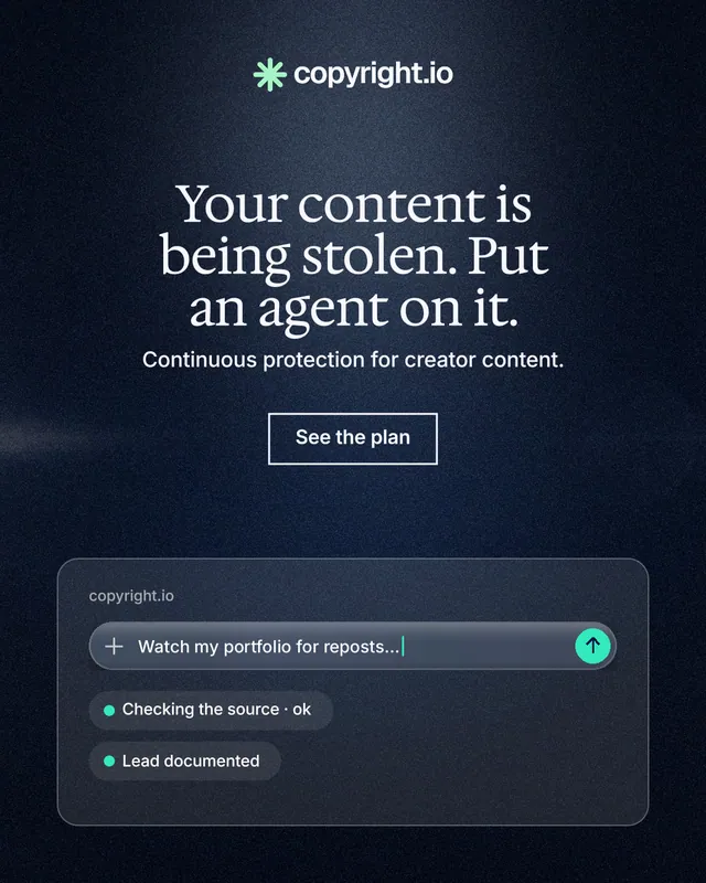 Instagram portrait post for copyright.io: "Your content is being stolen. Put an agent on it." Dark deco style, centred layout, dark palette in blue, black, grey.
