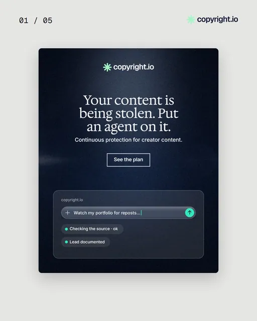 Video for copyright.io. Ad flipbook, 7.5 s, light palette.