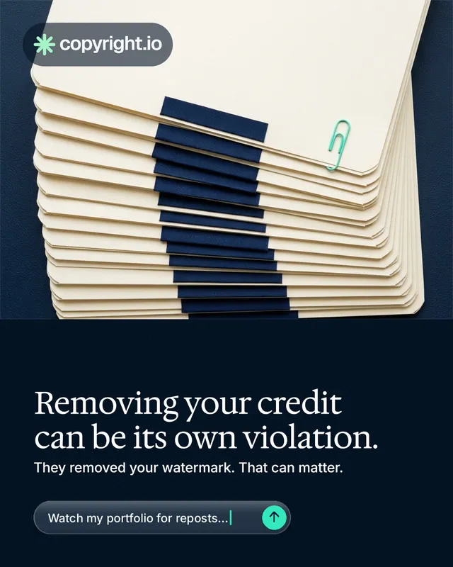Instagram portrait post for copyright.io: "Removing your credit can be its own violation." Agentic glass style, bottom layout, dark palette in yellow, black, blue.