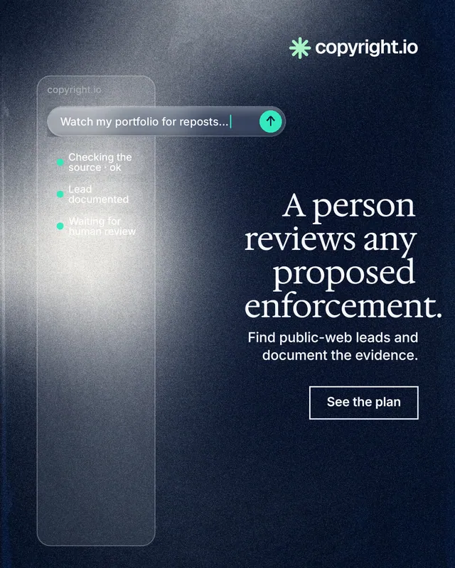 Instagram portrait post for copyright.io: "A person reviews any proposed enforcement." Cyanotype style, right layout, dark palette in black, grey, blue.