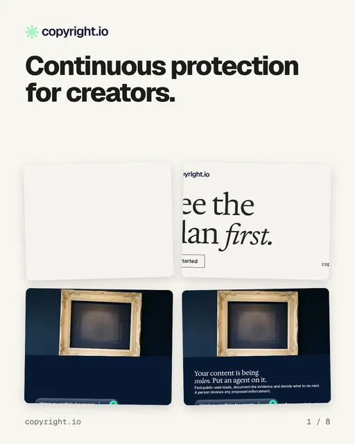 Carousel for copyright.io: "Continuous protection for creators.". Collection carousel, 8 slides, light palette.