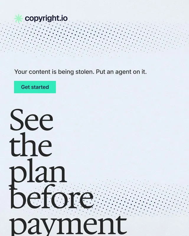 Instagram portrait post for copyright.io: "See the plan before payment." Swiss style, oversized layout, light palette in white, blue, grey.