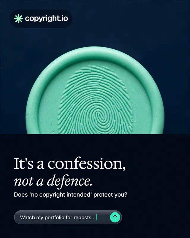 Instagram portrait post for copyright.io: "It's a confession, not a defence." Agentic glass style, bottom layout, dark palette in black, blue, teal.