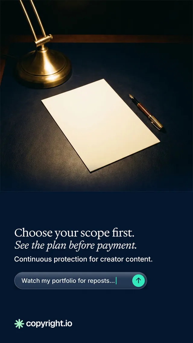 Instagram story for copyright.io: "Choose your scope first. See the plan before payment." Agentic glass style, bottom layout, dark palette in black, grey.