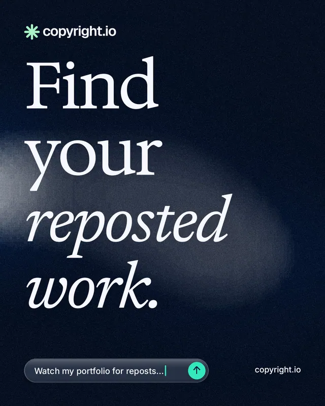 Instagram portrait post for copyright.io: "Find your reposted work." Thermal style, poster layout, dark palette in black, blue, grey.