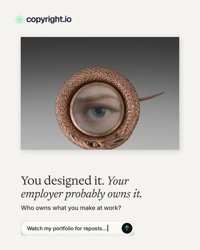 Instagram portrait post for copyright.io: "You designed it. Your employer probably owns it." Agentic glass style, bottom layout, light palette in white, grey.