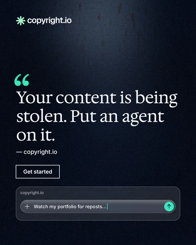 Instagram portrait post for copyright.io: "Your content is being stolen. Put an agent on it." Dark deco style, quote layout, dark palette in black, grey.