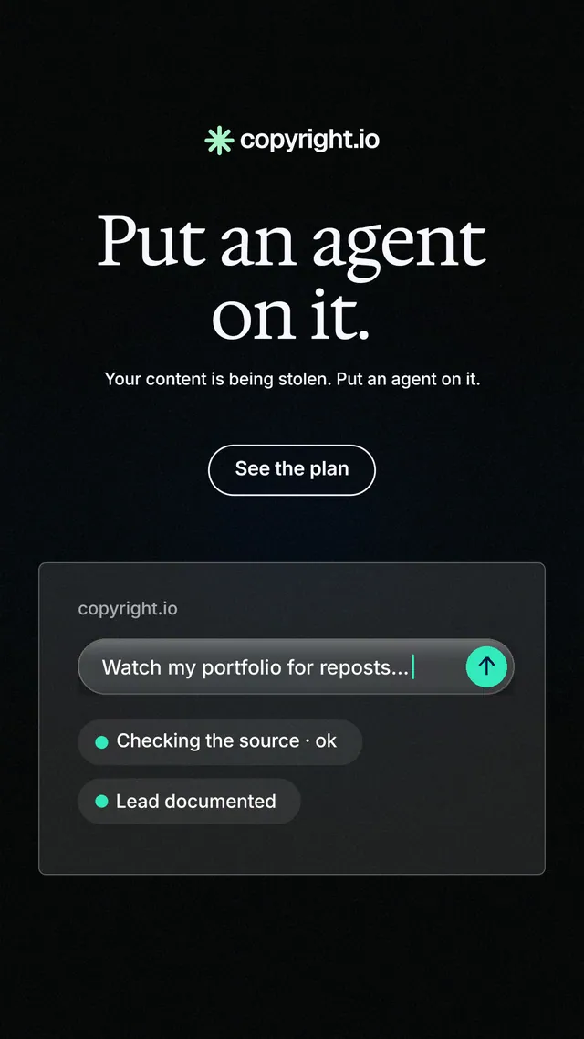 Instagram story for copyright.io: "Put an agent on it." Phosphor atlas style, centred layout, dark palette in black.