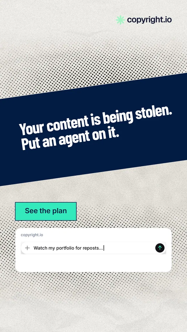 Instagram story for copyright.io: "Your content is being stolen. Put an agent on it." Ink sticker style, diagonal layout, light palette in white, blue, grey.