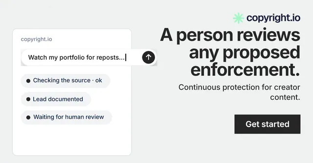 Social ad for copyright.io: "A person reviews any proposed enforcement." Swiss style, right layout, light palette in white, grey.