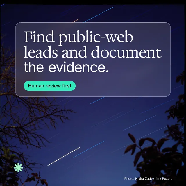 Instagram post for copyright.io: "Find public-web leads and document the evidence." Glass style, technique:pexels ingredient layout, dark palette in blue, black.