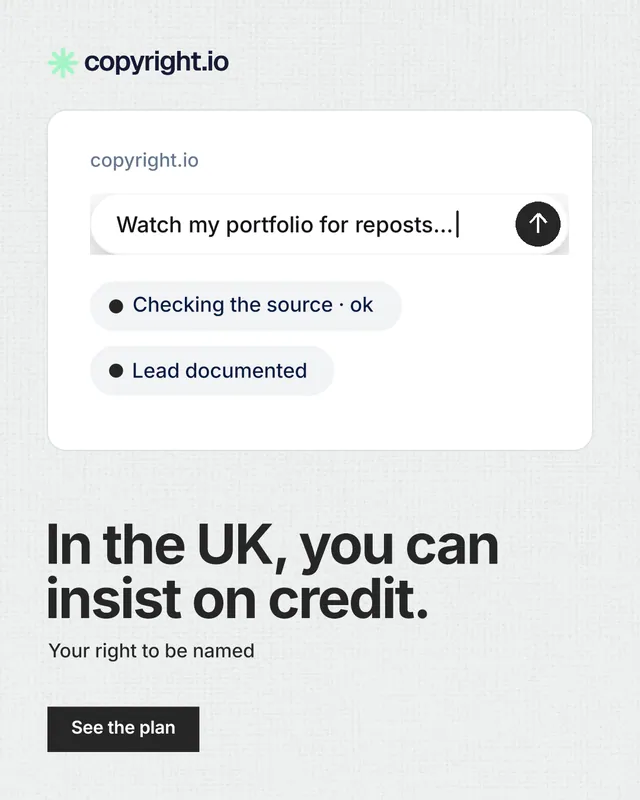 Instagram portrait post for copyright.io: "In the UK, you can insist on credit." Swiss style, bottom layout, light palette in white, grey.