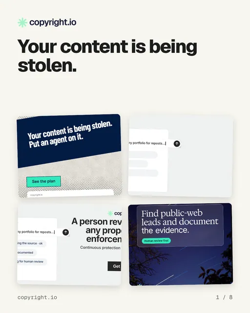 Carousel for copyright.io: "Your content is being stolen.". Collection carousel, 8 slides, light palette.