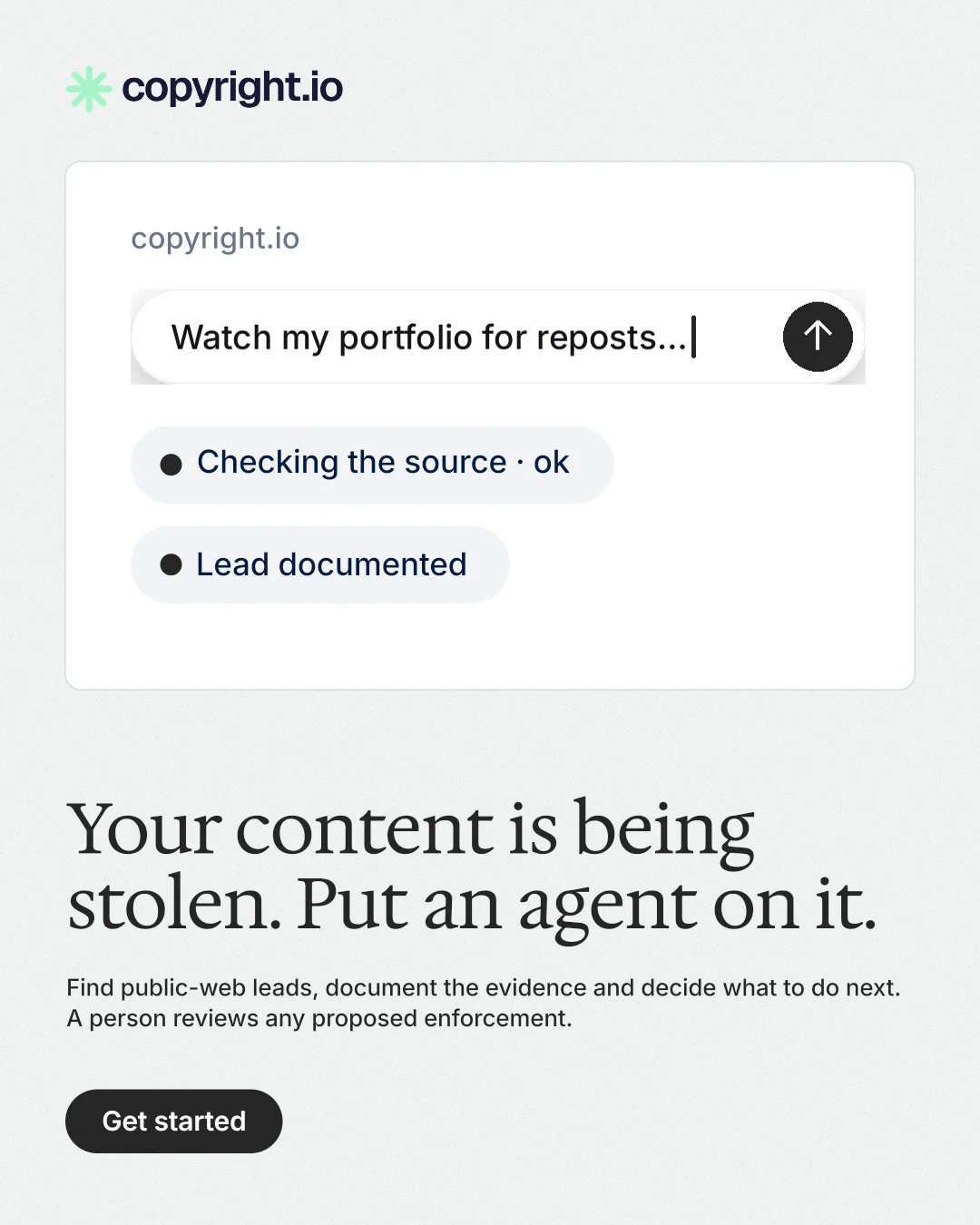 Instagram portrait post for copyright.io: "Your content is being stolen. Put an agent on it." Data card style, bottom layout, light palette in white.