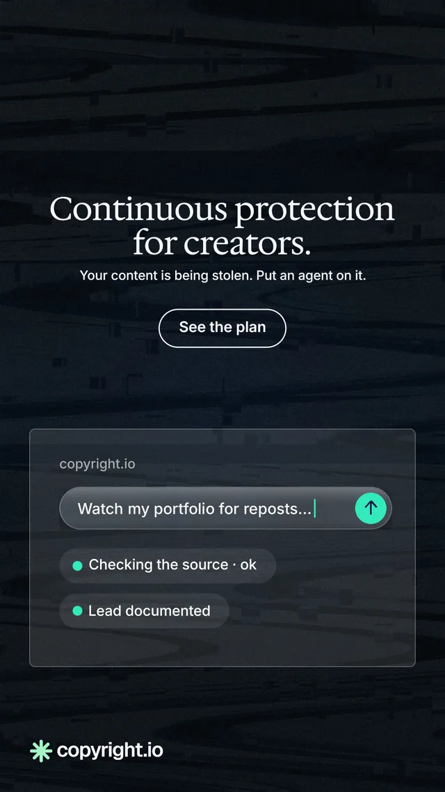 Instagram story for copyright.io: "Continuous protection for creators." Phosphor atlas style, centred layout, dark palette in black, grey.
