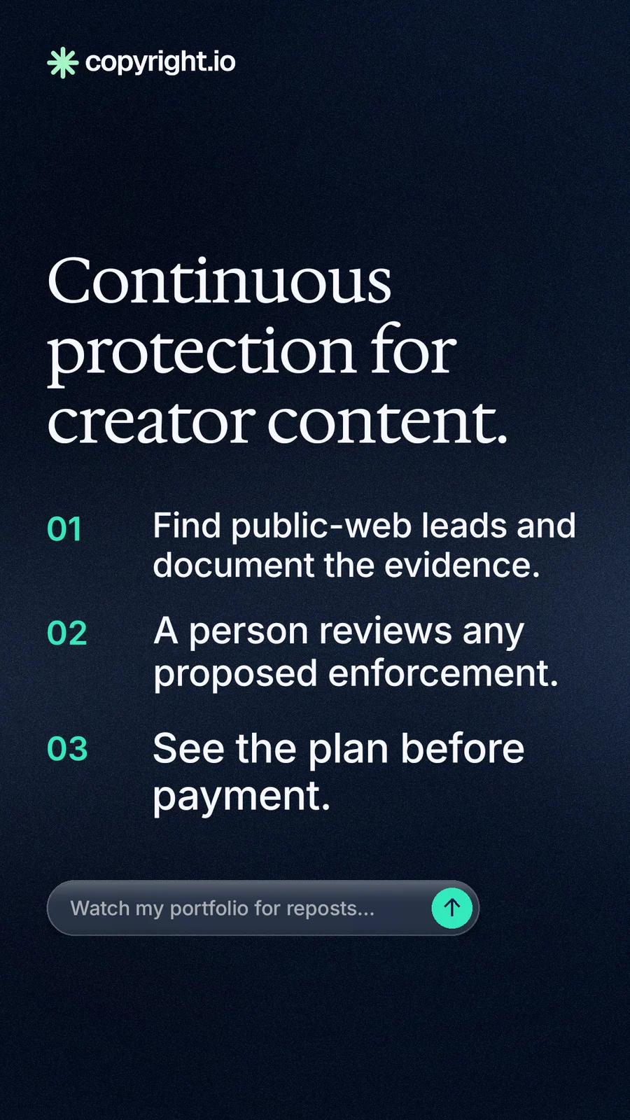 Instagram story for copyright.io: "Continuous protection for creator content." Agentic glass style, numbered layout, dark palette in blue, black, grey.