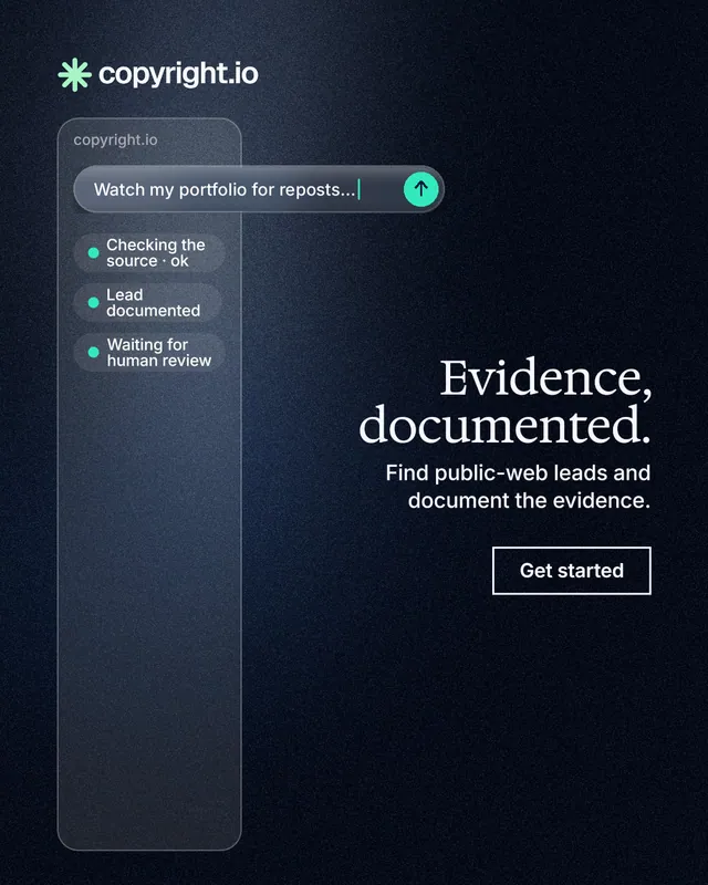 Instagram portrait post for copyright.io: "Evidence, documented." Dark deco style, right layout, dark palette in black, blue, grey.