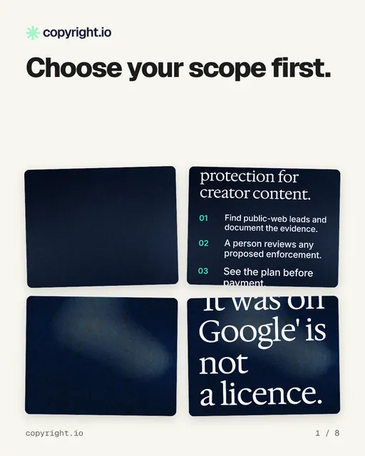 Carousel for copyright.io: "Choose your scope first.". Collection carousel, 8 slides, light palette.