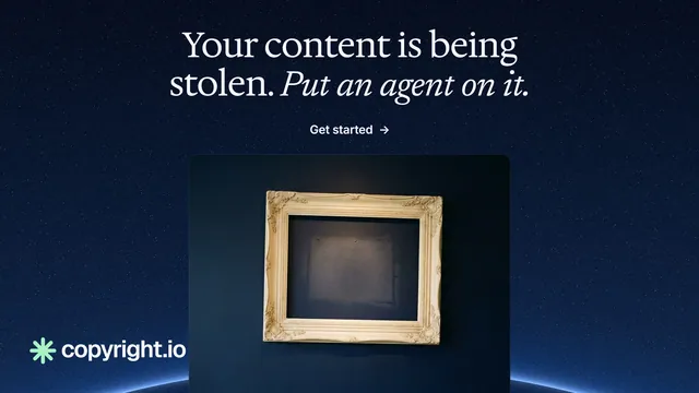 Landscape graphic for copyright.io: "Your content is being stolen. Put an agent on it." Agentic glass style, ogui layout, dark palette in blue, black, grey.