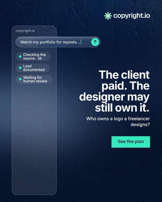 Instagram portrait post for copyright.io: "The client paid. The designer may still own it." Swiss style, right layout, dark palette in blue, black.