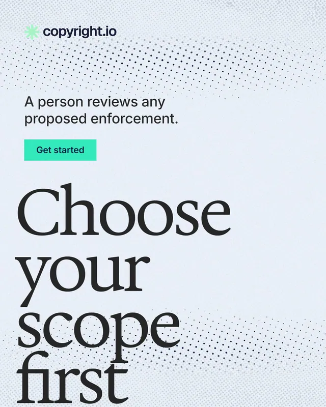 Instagram portrait post for copyright.io: "Choose your scope first." Swiss style, oversized layout, light palette in white, blue, grey.