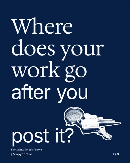 Carousel for copyright.io: "Where does your work go after you post it?". Cutout essay, 6 slides, dark palette.