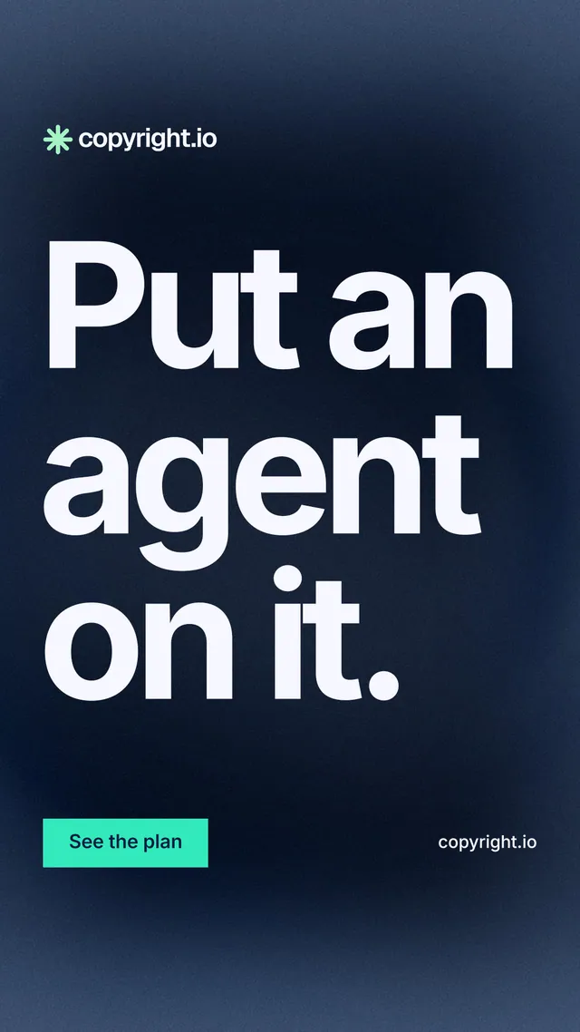 Instagram story for copyright.io: "Put an agent on it." Swiss style, poster layout, dark palette in blue, black, teal.