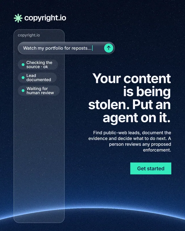 Instagram portrait post for copyright.io: "Your content is being stolen. Put an agent on it." Swiss style, right layout, dark palette in blue, black.