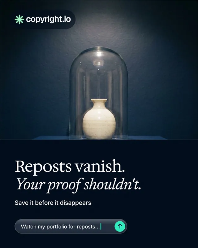 Instagram portrait post for copyright.io: "Reposts vanish. Your proof shouldn't." Agentic glass style, bottom layout, dark palette in blue, black, grey.