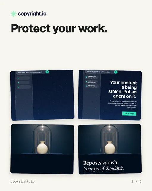 Carousel for copyright.io: "Protect your work.". Collection carousel, 8 slides, light palette.