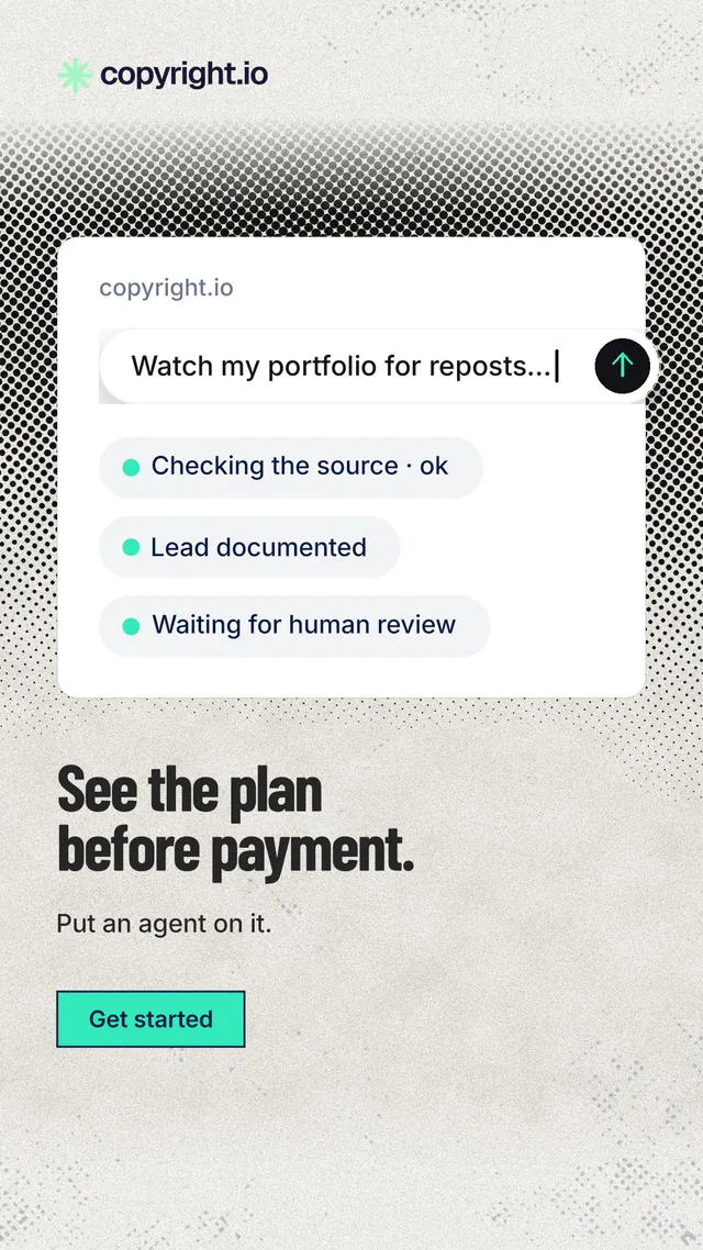 Instagram story for copyright.io: "See the plan before payment." Ink sticker style, bottom layout, light palette in white, grey.