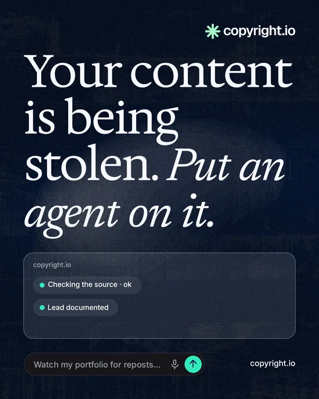 Instagram portrait post for copyright.io: "Your content is being stolen. Put an agent on it." Thermal style, poster layout, dark palette in blue, black, grey.