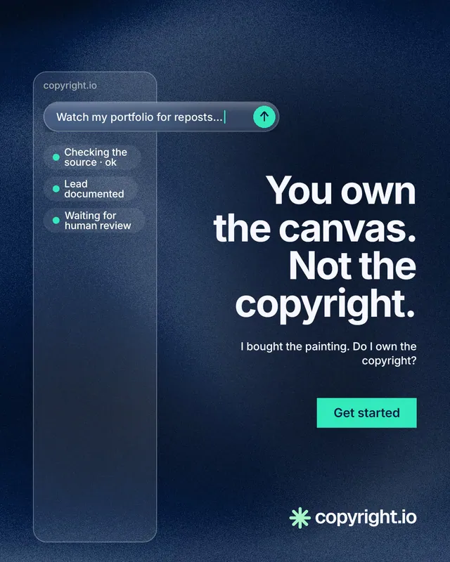 Instagram portrait post for copyright.io: "You own the canvas. Not the copyright." Swiss style, right layout, dark palette in blue, grey.