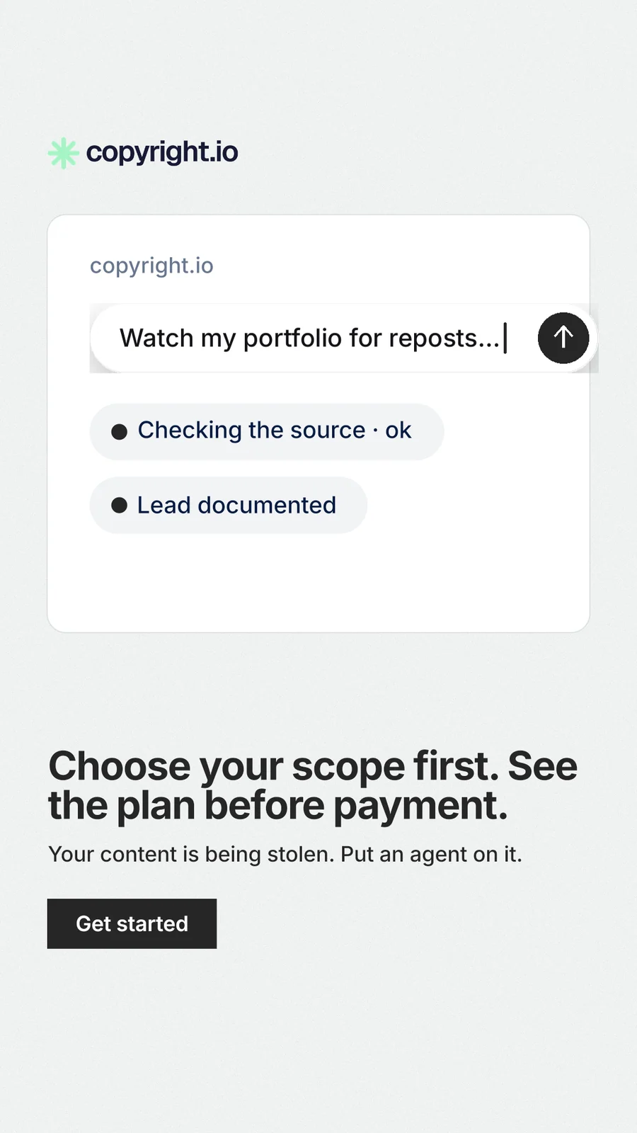 Instagram story for copyright.io: "Choose your scope first. See the plan before payment." Swiss style, bottom layout, light palette in white.