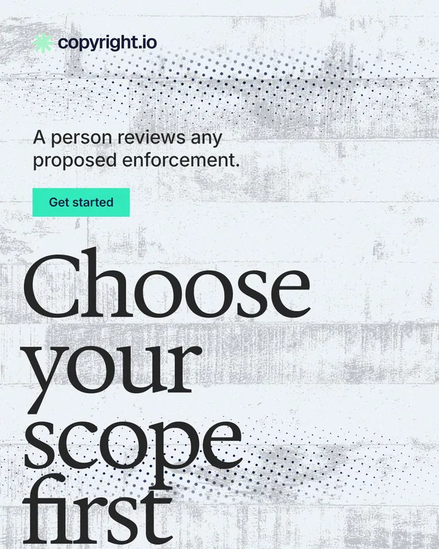 Instagram portrait post for copyright.io: "Choose your scope first." Swiss style, oversized layout, light palette in white, blue, grey.