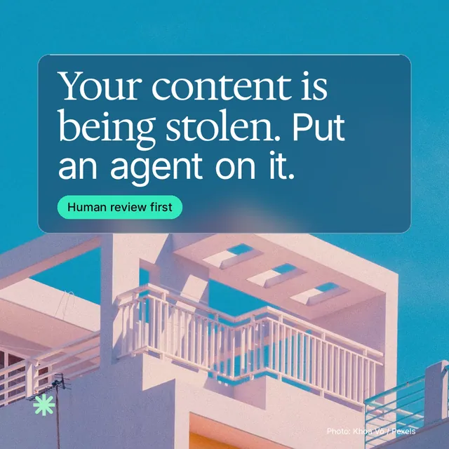Instagram post for copyright.io: "Your content is being stolen. Put an agent on it." Glass style, technique:pexels ingredient layout, light palette in teal, blue, red.
