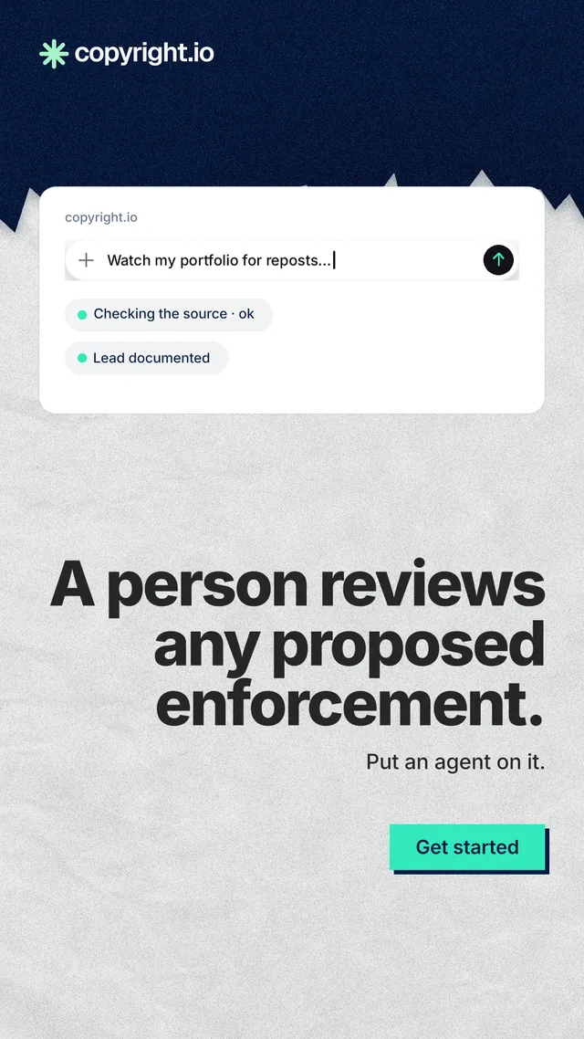 Instagram story for copyright.io: "A person reviews any proposed enforcement." Paper trio style, right layout, light palette in white, blue, grey.