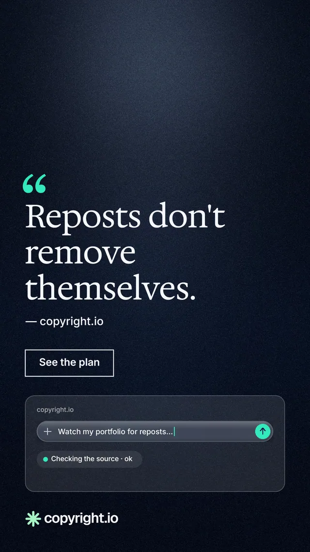 Instagram story for copyright.io: "Reposts don't remove themselves." Dark deco style, quote layout, dark palette in blue, black, grey.