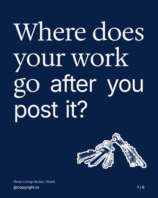Carousel for copyright.io: "Where does your work go after you post it?". Cutout essay, 6 slides, dark palette.