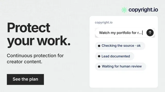 Landscape graphic for copyright.io: "Protect your work." Swiss style, bottom layout, light palette in white, grey.