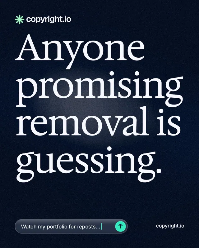 Instagram portrait post for copyright.io: "Anyone promising removal is guessing." Thermal style, poster layout, dark palette in black, grey, blue.