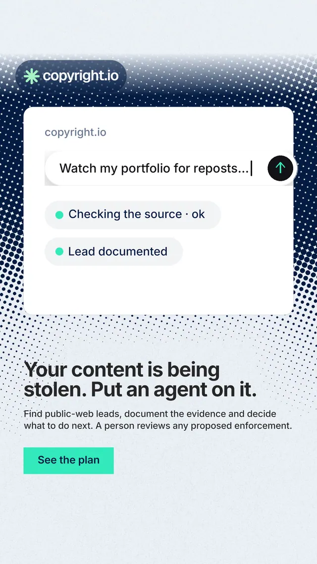 Instagram story for copyright.io: "Your content is being stolen. Put an agent on it." Swiss style, bottom layout, light palette in white, teal, grey.
