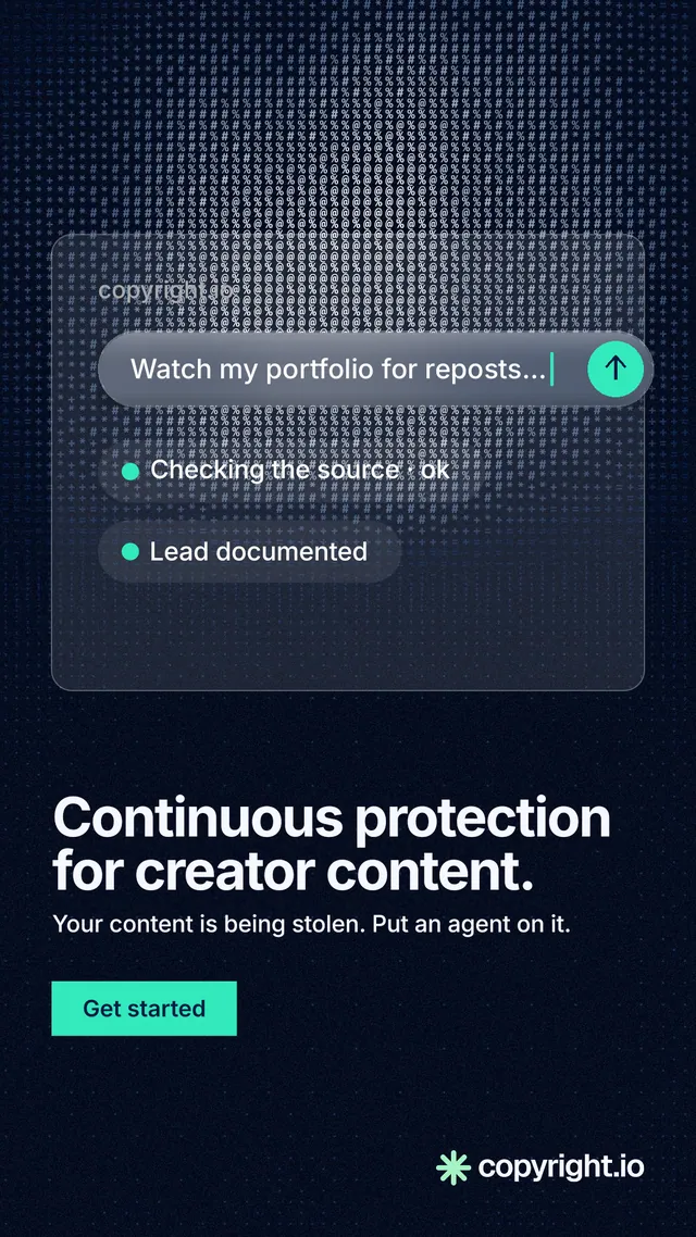 Instagram story for copyright.io: "Continuous protection for creator content." Swiss style, bottom layout, dark palette in black, blue, grey.