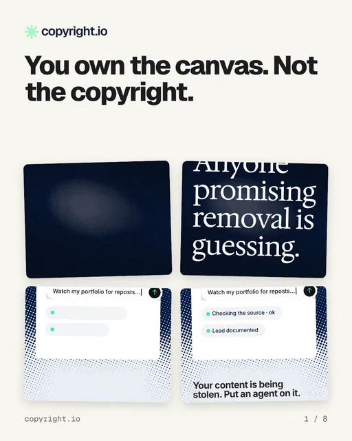 Carousel for copyright.io: "You own the canvas. Not the copyright.". Collection carousel, 8 slides, light palette.